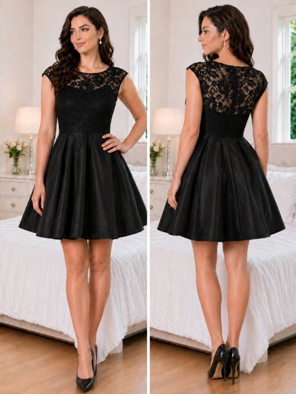 Marchesa Lace Illusion Fit & Flare Tafetta Mini Dress in Black $595